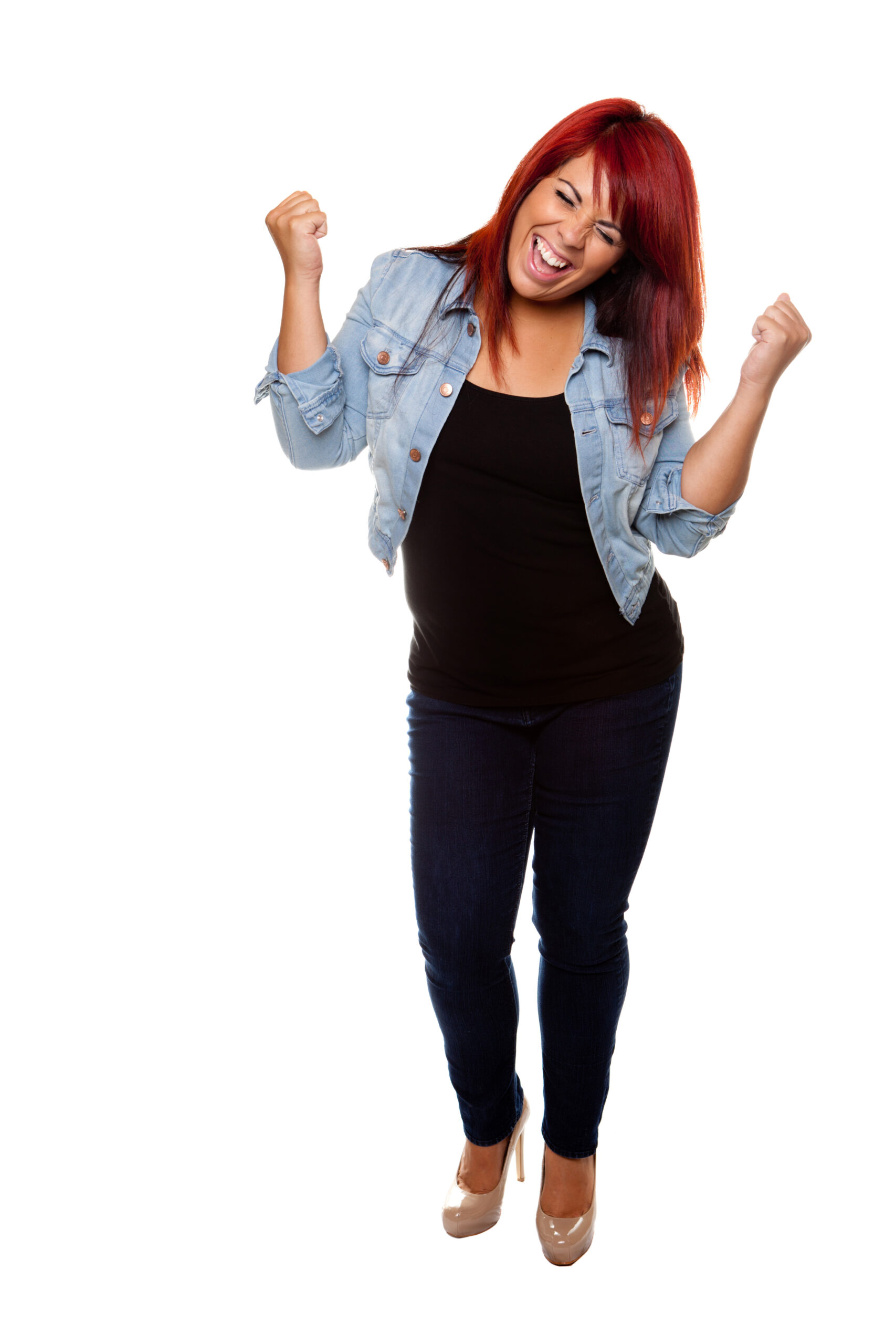 young woman proudly cheering after weight loss isolated on a white background St O 9CSs scaled